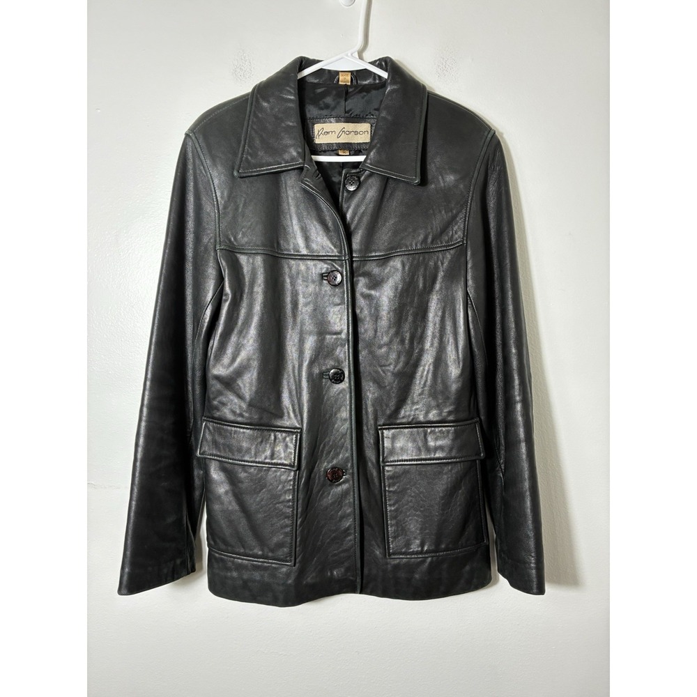 Vintage REM Garson 100% Genuine Leather Button Up Jacket Women's M Black Retro